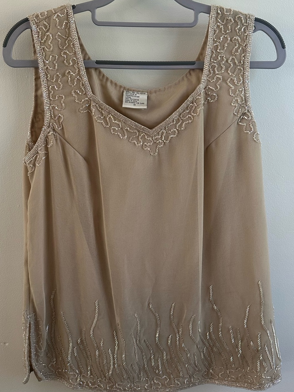 Vintage Laurence Kazar M Beige Solid Hand Beaded Scoop Neck Sleeveless Blouse